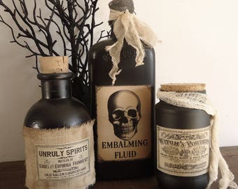 Halloween bottles jars, potion bottles, apothecary, creepy, spooky, handmade Halloween prop, party decor, hex spirit bottles, gothic,