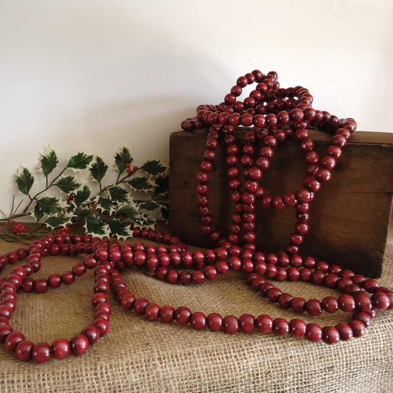 vintage Christmas rustic garland for tree Country primitive Christmas decor red wood bead garland