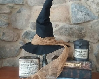 Primitive Witch Hat, Halloween Witch Hat, tabletop display, handmade with hand dyed sash