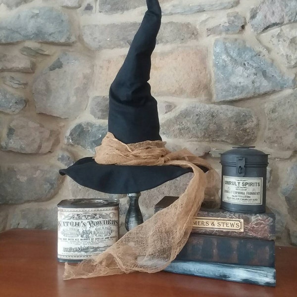 Primitive Witch Hat, Halloween Witch Hat, tabletop display, handmade with hand dyed sash