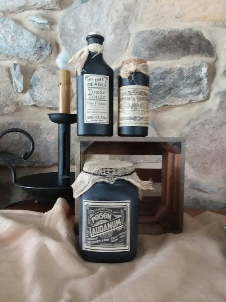 Halloween kitchen decor, witch bottles jars, potion, vintage apothecary, spooky, handmade Halloween prop, hex spirit bottles, image 1