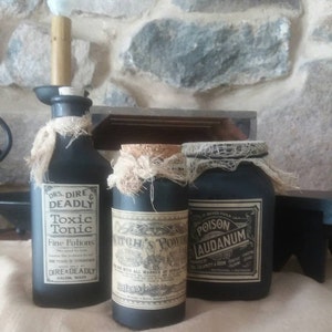 Halloween kitchen decor, witch bottles jars, potion, vintage apothecary, spooky, handmade Halloween prop, hex spirit bottles, image 7