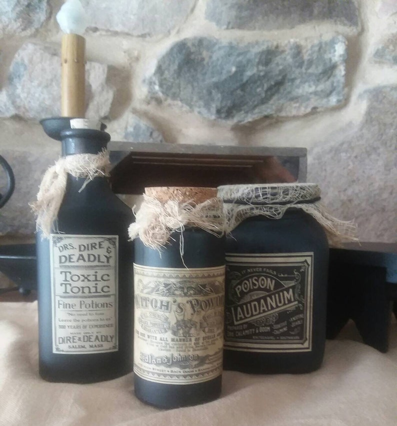 Halloween kitchen decor, witch bottles jars, potion, vintage apothecary, spooky, handmade Halloween prop, hex spirit bottles, image 7