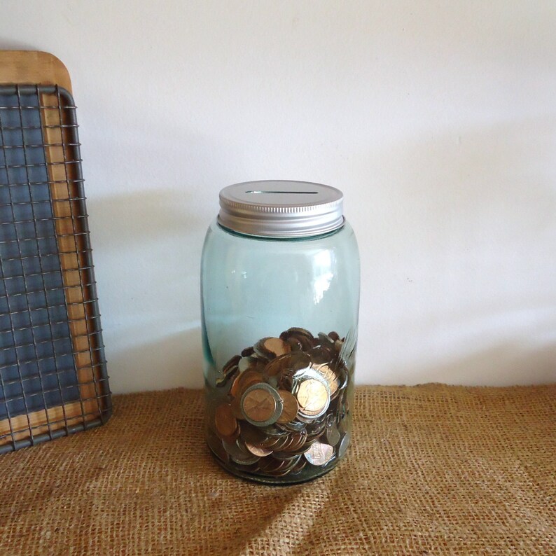 Vintage blue mason jar bank vintage kitchen decor country Etsy