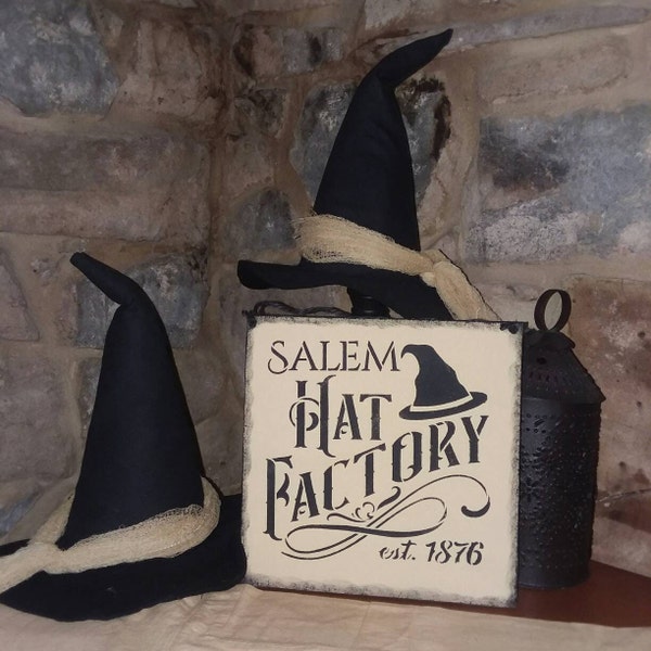 fun Halloween sign, Salem Hat Factory, witch disply, handmade wood painted sign shelf display