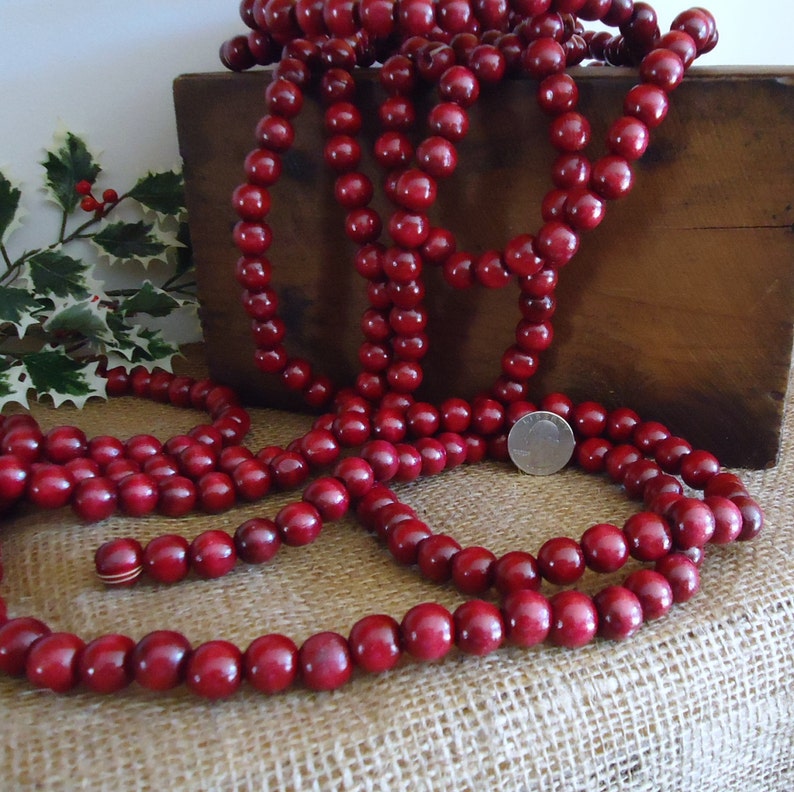 vintage Christmas rustic garland for tree Country primitive Christmas decor red wood bead garland