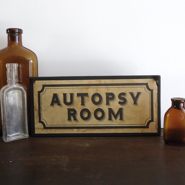 autopsy room Halloween morgue haunted house sign, creepy asylum photo prop display, Ready to ship