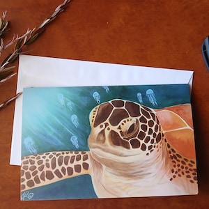 Aquatic Life Greeting Card - Sea Turtle Art Card  - Blank Note Card / Gift Card