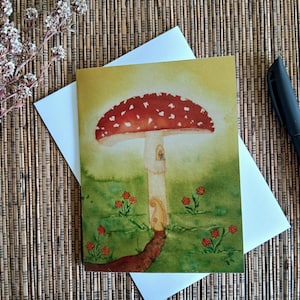 Note vierge fantaisiste / carte-cadeau - maison des fées champignon amanite - carte d'art aquarelle
