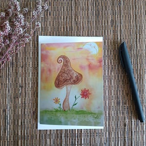 Whimsical Blank Note / Gift Card - Colourful Mushroom, Crescent Moon & Flowers Watercolour Art Card