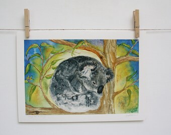 Australischer Wildtier-Kunst-Druck - Süßer & bunter schlafender Koala - Aquarell Wandkunst
