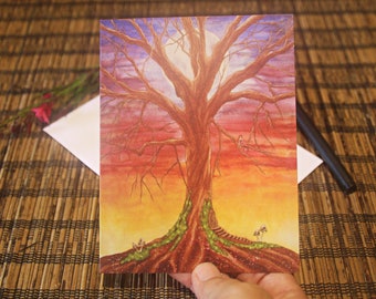 Blank Note Card / Gift Card - Full Moon Fairy Tree Sunset Art featuring my Watercolour Painting