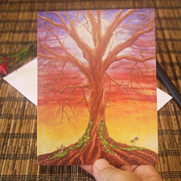 Blank Note Card / Gift Card - Full Moon Fairy Tree Sunset Art featuring my Watercolour Painting