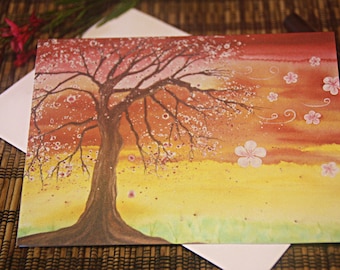 Whimscial Blank Note / Gift Card - Cherry blossom Tree with Vibrant Red Orange and Yellow Watercolour Painting