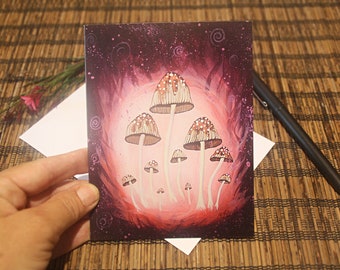 Whimsical and Wild Blank Note / Gift Card - Copper Top Mushroom Magic Art Cards with Rich Burgundy and Pink Galactic background