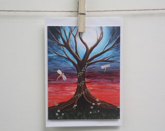 Whimsical Art Note / Gift Card - Ethereal Full Moon Fairy Tree, Sunset Forest Art featuring my Watercolour Painting