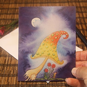 Whimsical and Wild Blank Note / Gift Card - Orange and Yellow Mushroom Fairy House and Mr Crescent Moon - Purple Blue Watercolour background