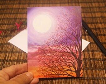 Blank Note Card / Gift Card - Whimsical Forest Sunset Purple Fairy Tree Moon Art featuring my Original Artwork