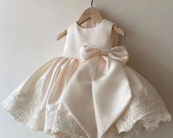 Baby girls cream dress, party dress, occasion dress, flower girl dress, wedding dress, lace dress with bows