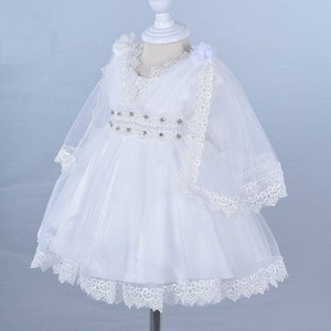 Baby girls white dress with lace, pearls and diamanté detailing, christening dress, flower girl dress, party dress, occasion dress, baptism