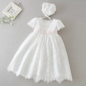 Baby girls white christening gown, christening dress, baptism dress, naming day dress, lace dress, pink sash, occasion dress