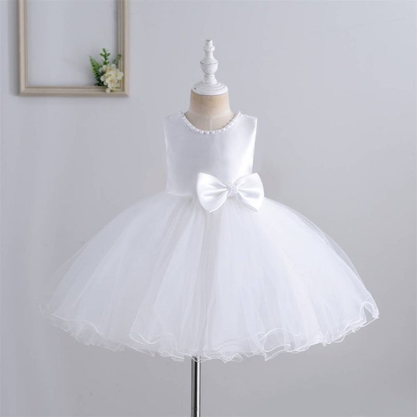 Girls white dress, pearl detail, special occasion dress, flower girl dress, party dress, wedding dress, bow dress