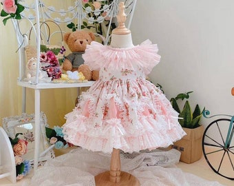 Baby girls vintage floral pink dress, party dress, summer dress, flower girl dress, lace, tiered, ruffle dress