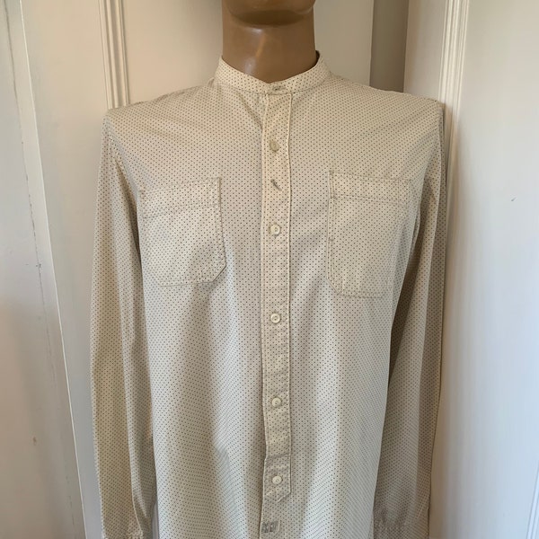 RRL collarless cream polka dot shirt