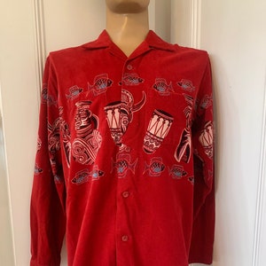 Beautiful red 1950s repro cord shirt with Tiki print from Style Eyes
