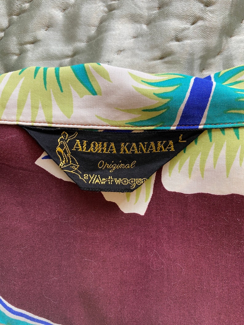 Rare maroon rayon Hawaiian shirt by Aloha Kanaka with amazing print image 10