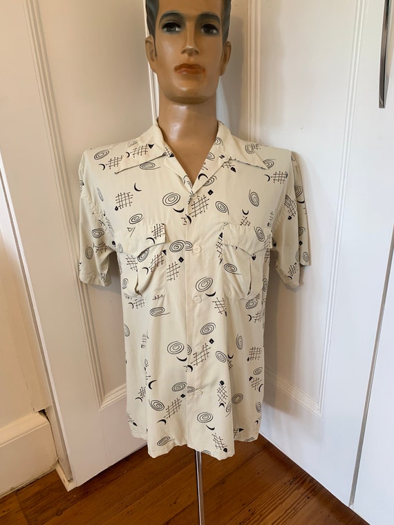 50s rayon shirt atomic 絣 Original 1950s Rayon Shirt With Atomic Fish Bone Print From