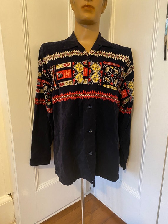 Black repro cord shirt with Aztec panel print from