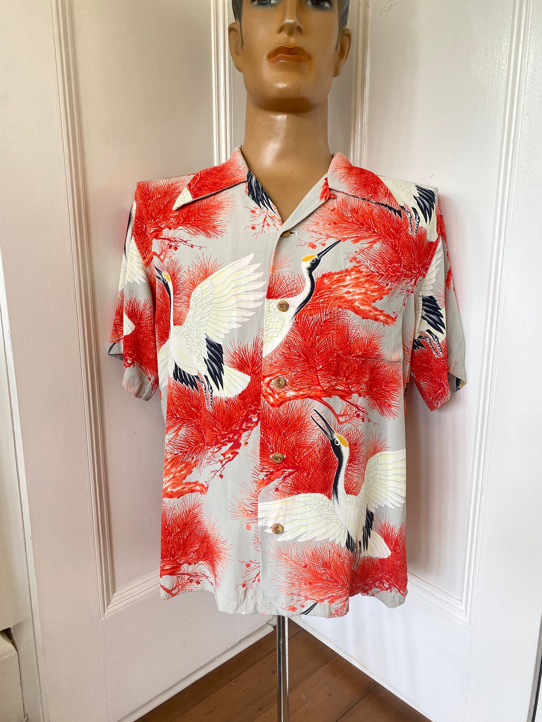 Gorgeous Light Gray Rayon Hawaiian With Crane Print From Fireland 