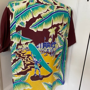 Rare maroon rayon Hawaiian shirt by Aloha Kanaka with amazing print image 9