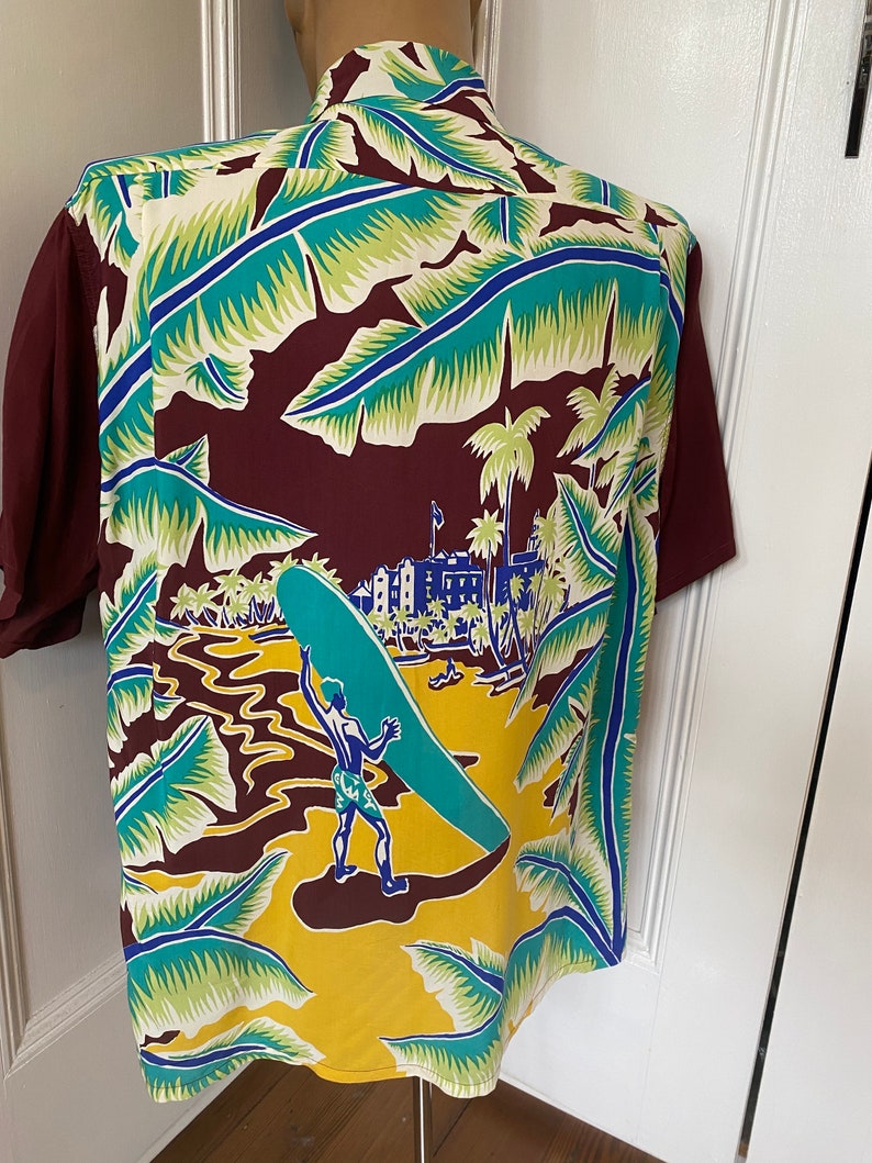 Rare maroon rayon Hawaiian shirt by Aloha Kanaka with amazing print image 9