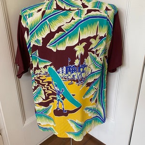 Rare maroon rayon Hawaiian shirt by Aloha Kanaka with amazing print image 3