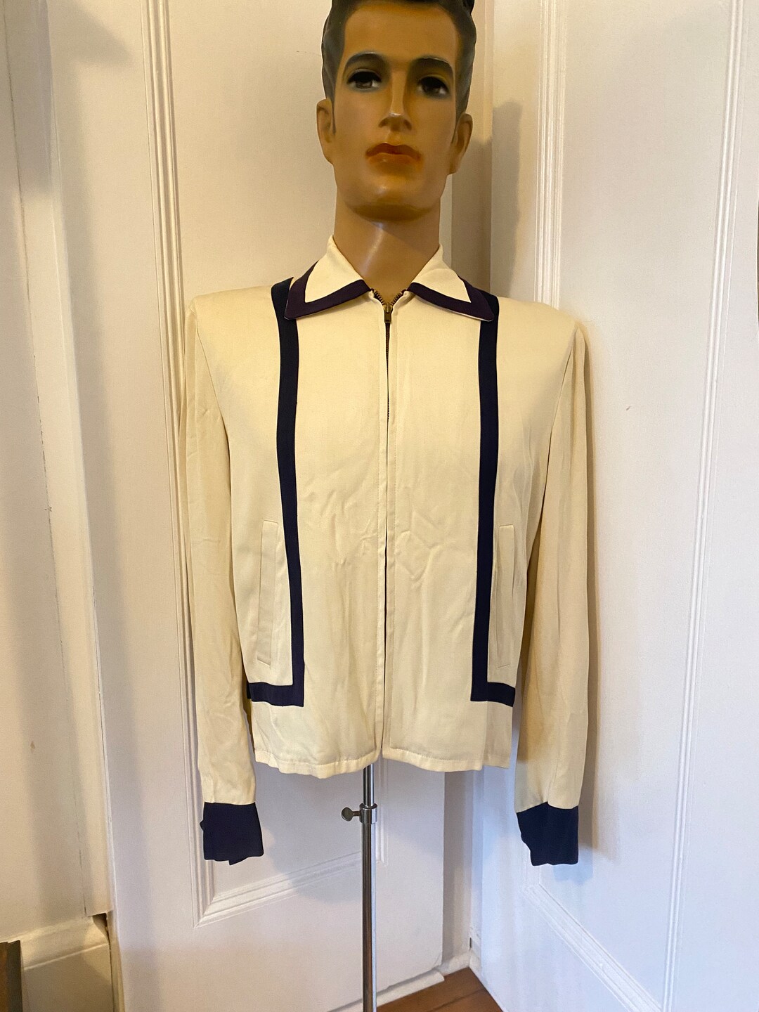 Original Rare 1950s Rayon Jacket From Fosterwear in Cream and Navy 