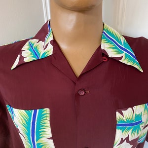 Rare maroon rayon Hawaiian shirt by Aloha Kanaka with amazing print image 5