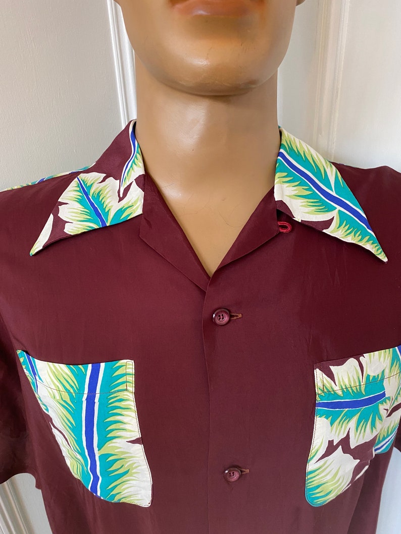 Rare maroon rayon Hawaiian shirt by Aloha Kanaka with amazing print image 5