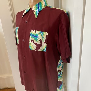 Rare maroon rayon Hawaiian shirt by Aloha Kanaka with amazing print image 7
