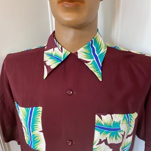 Rare maroon rayon Hawaiian shirt by Aloha Kanaka with amazing print image 6