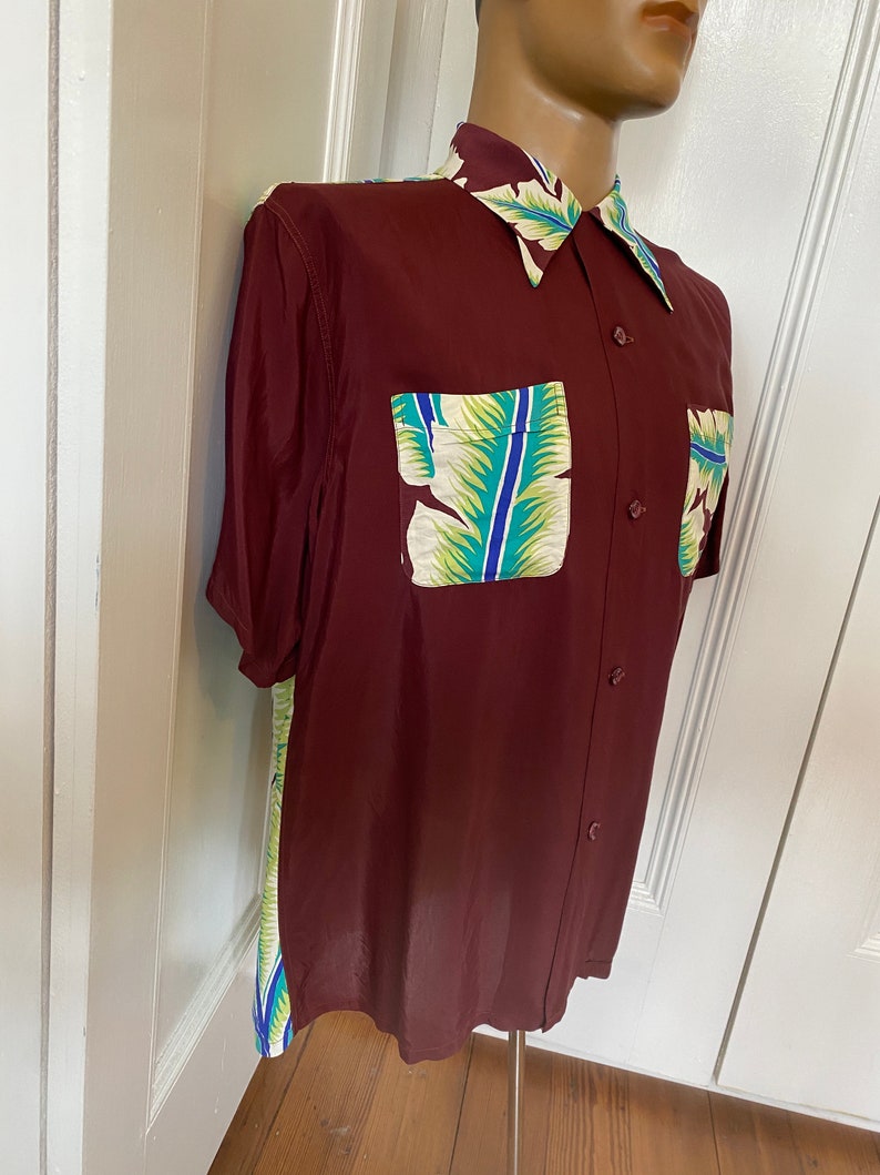 Rare maroon rayon Hawaiian shirt by Aloha Kanaka with amazing print image 8