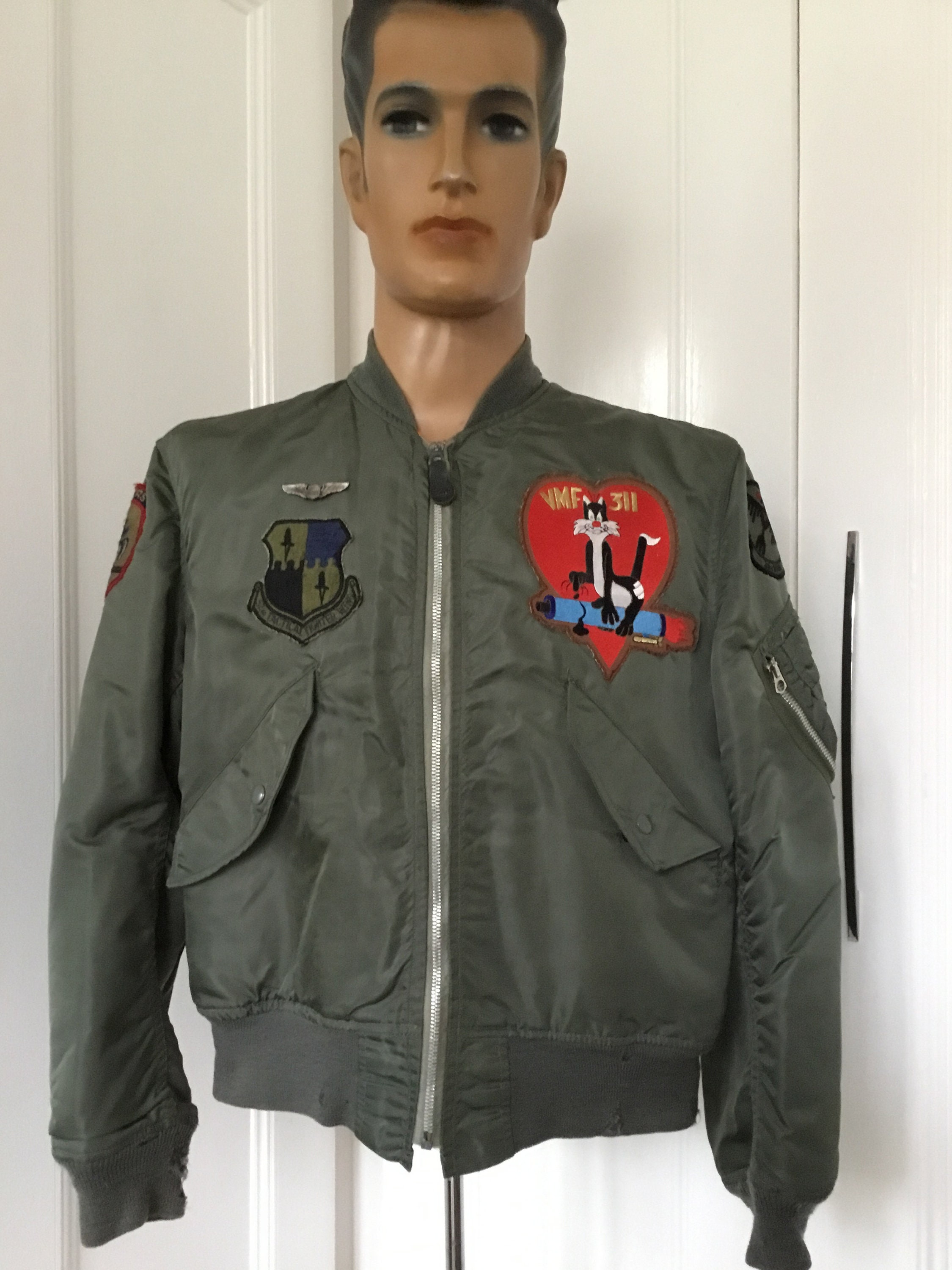 Custom Top Gun Nylon Bomber Jacket with Military Patches Black Mens L
