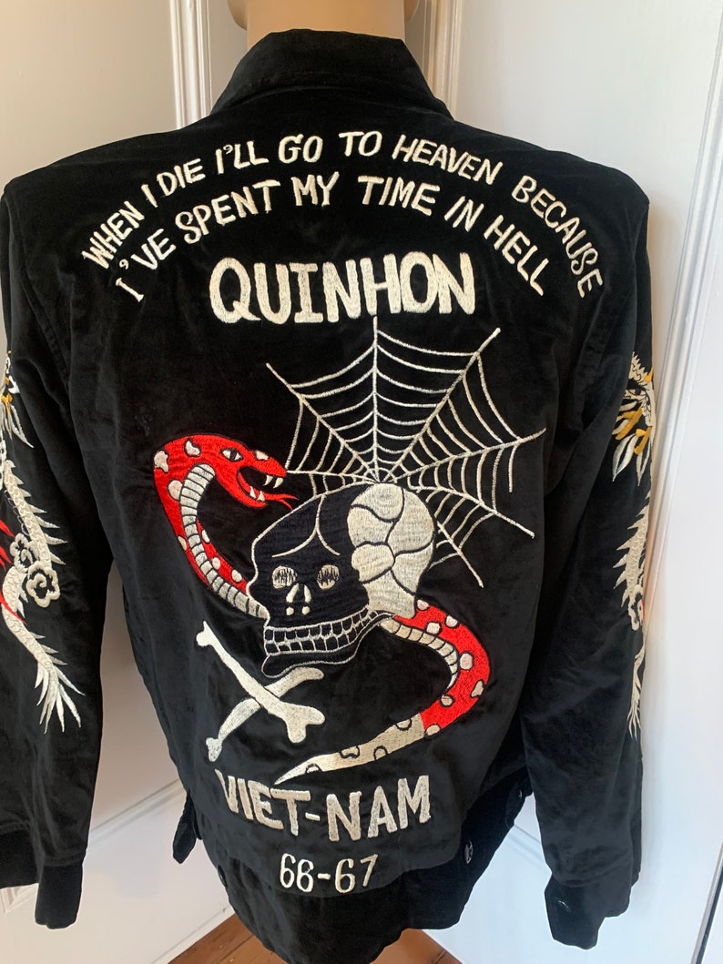 Velvet Vietnam souvenir jacket with skull geisha embroidery image 9