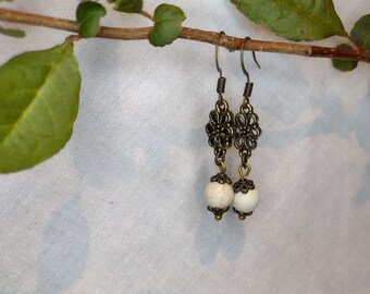 Rustic Filigree White and Antique Bronze Dangle Earrings