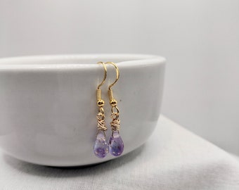 Gold Speckled Purple and Pink Teardrops Wrapped with Gold Wire