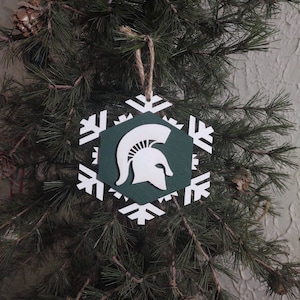 Officially Licensed Michigan State University (#8112) Sparty Helmet - Block Themed Holiday Ornaments – Wooden Snowflake (Choose Your Color)