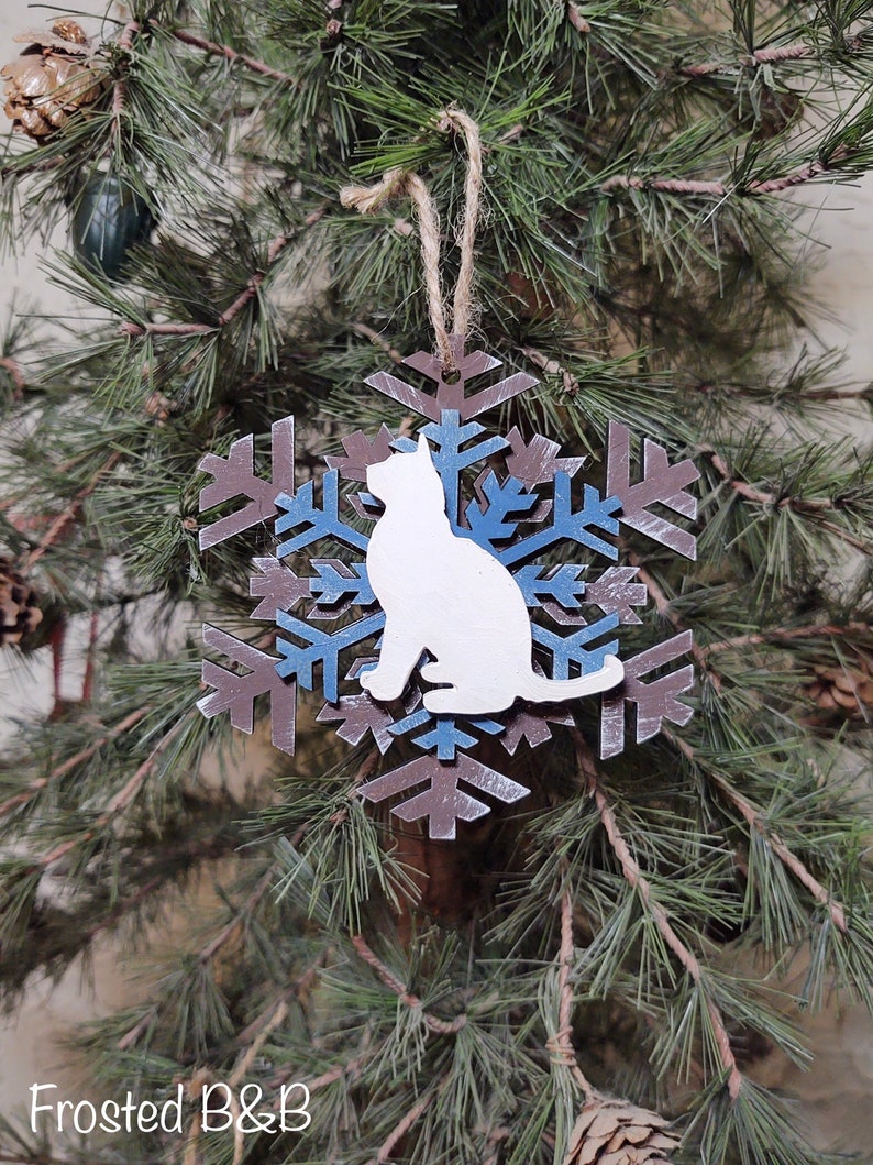 Cat 2 Themed Holiday Ornaments  Wooden Snowflake Choose Your image 1