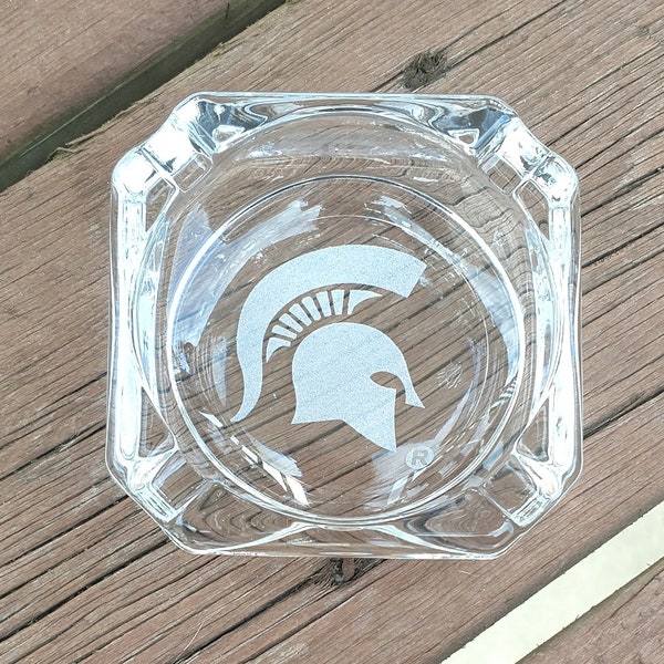 MSU Spartan Officially Licensed Etched Ashtray – Glass Candle Holder (Choose Your Logo) (#8112)