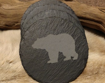 Set of 4 Bear Themed Slate Coasters - (Round or Square)